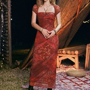 Paisley Pattern Mesh Maxi Dress